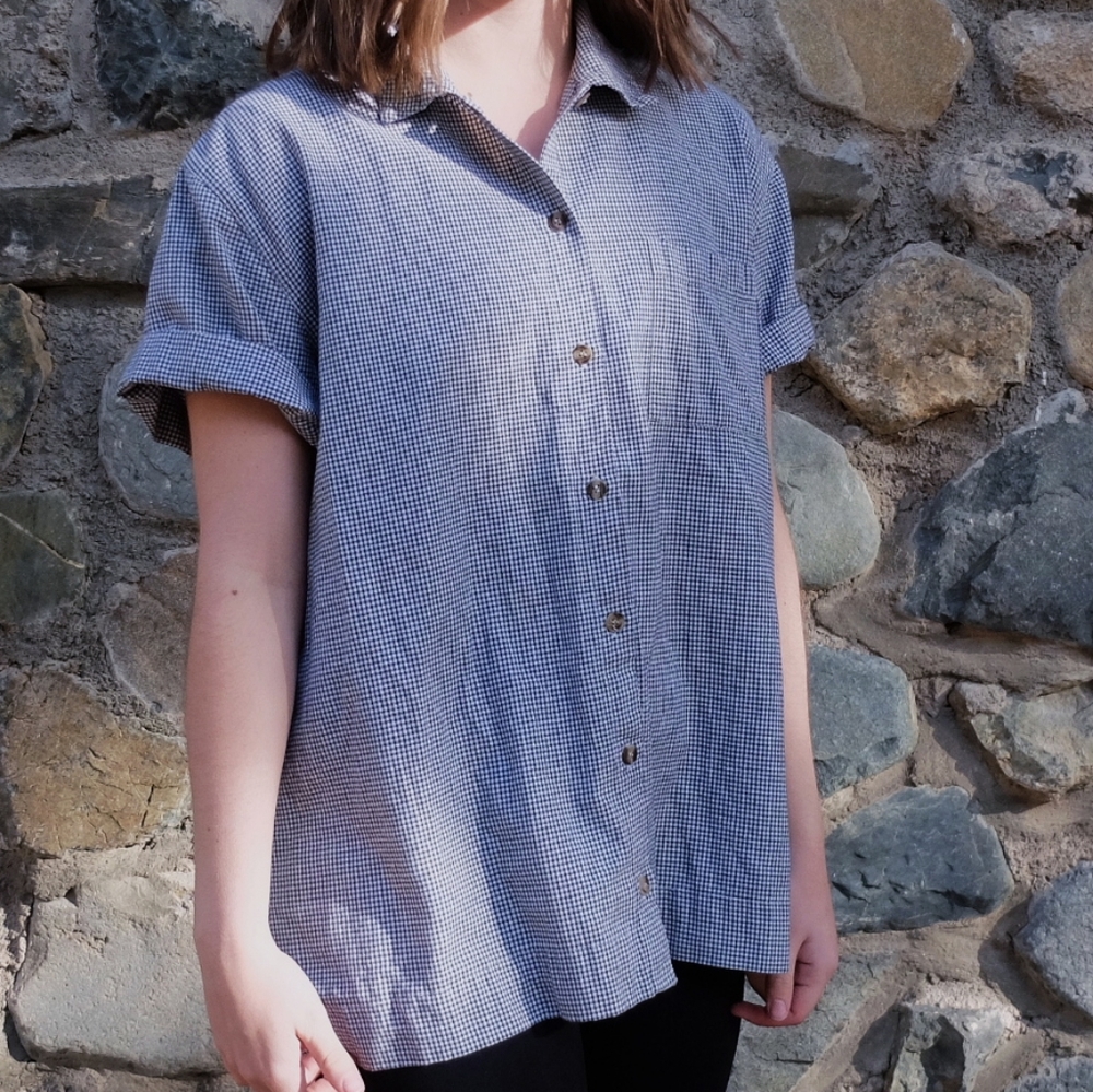 Oversized short sleeve plaid button up